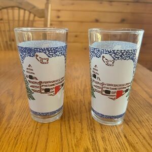 Pair of Vintage 1980’s KIG Christmas scene log cabin glass tumblers